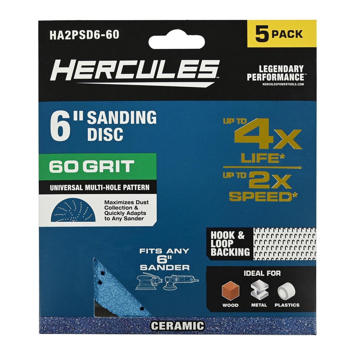 HERCULES - 6 in., 60-Grit Hook-and-Loop Multihole Pattern Sanding Disc with Ceramic Alumina Grain, 5-Pack - 58813
