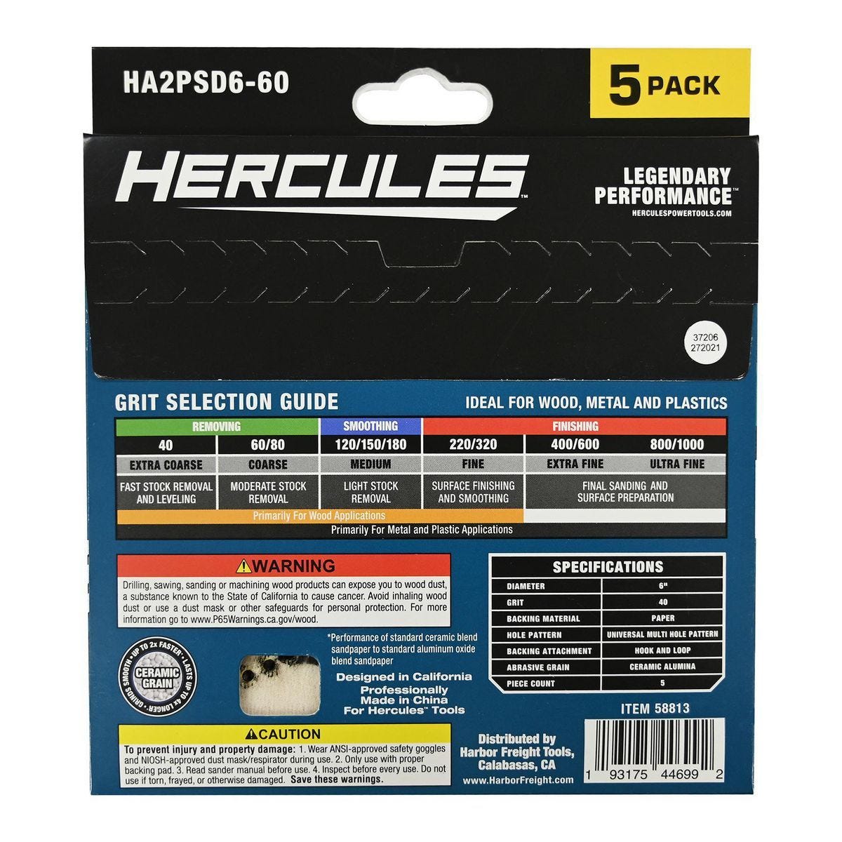 HERCULES - 6 in., 60-Grit Hook-and-Loop Multihole Pattern Sanding Disc with Ceramic Alumina Grain, 5-Pack - 58813