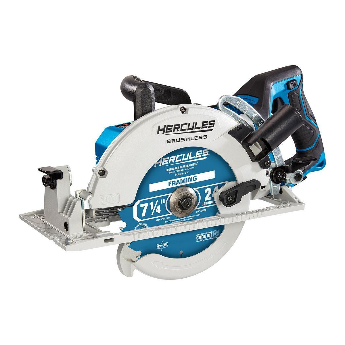 Sierra circular inalámbrica HERCULES 20V sin escobillas, 7-1/4 pulgadas, estilo worm-drive con empuñadura trasera - Solo herramienta | HCB72B-1