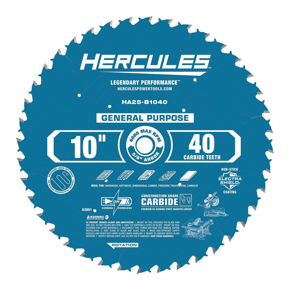 Hoja de sierra de inglete y de mesa de 10 pulgadas, 40 dientes, uso general HERCULES | HA25-B1040