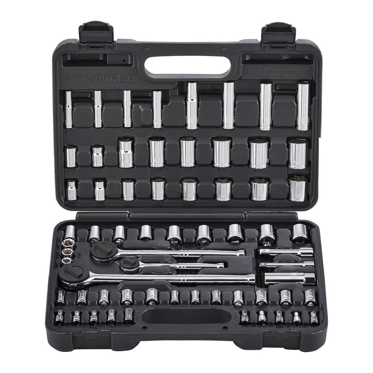 Juego de dados y llaves de carraca 64 piezas, medidas SAE y métricas para 1/4, 3/8 y 1/2 pulgada | 63461