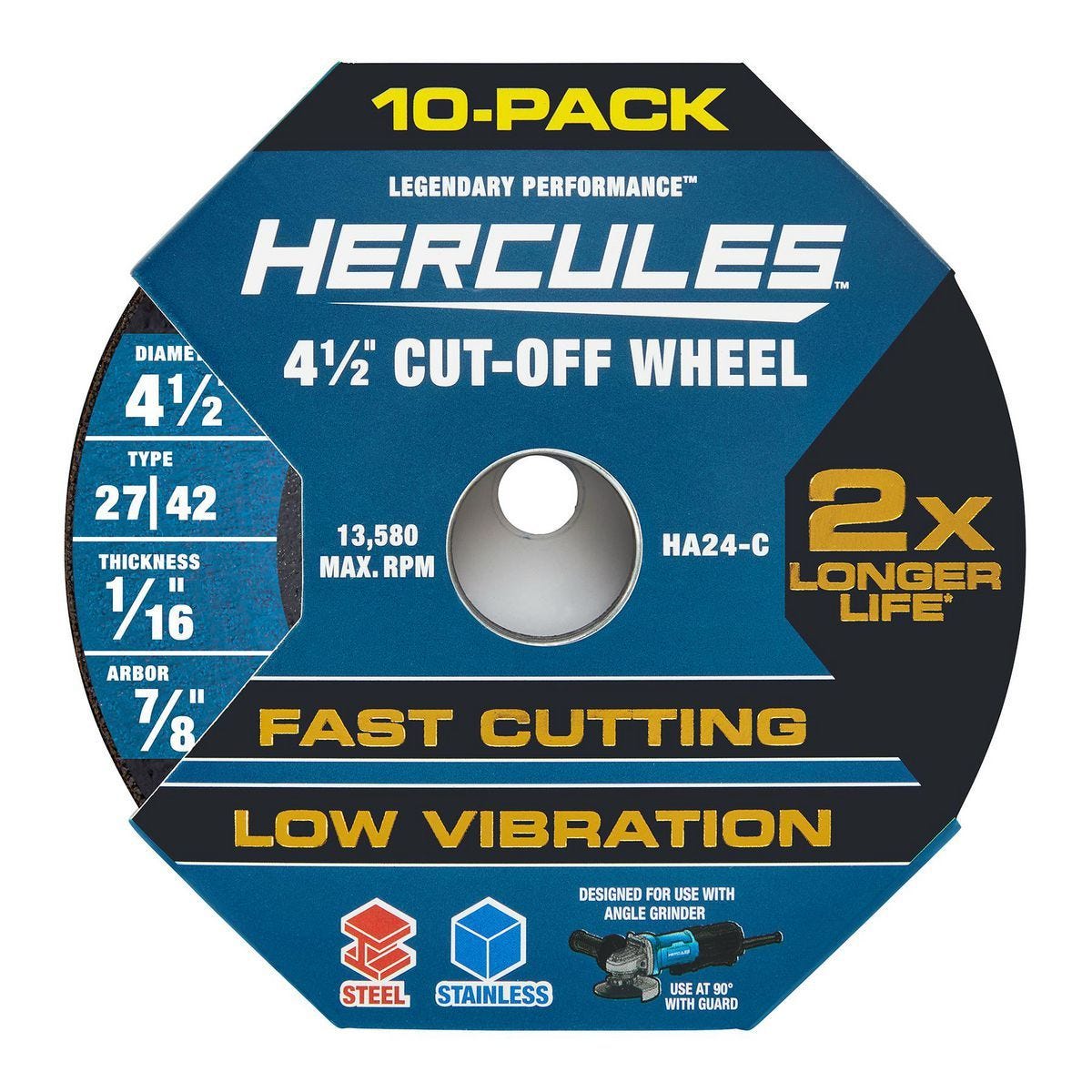 Discos de corte para metal HERCULES 4-1/2 pulgadas, tipo 27/42, paquete de 10 | HA24-C