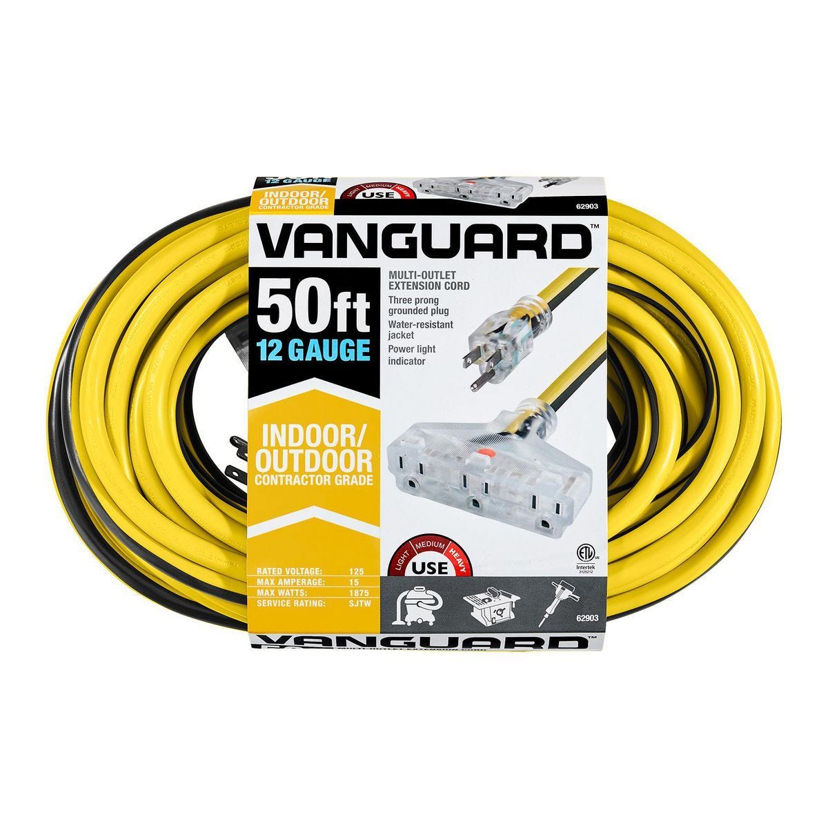 Cable de extensión múltiple VANGUARD de 50 pies y calibre 12/3 con luz indicadora, color amarillo y negro | 62903