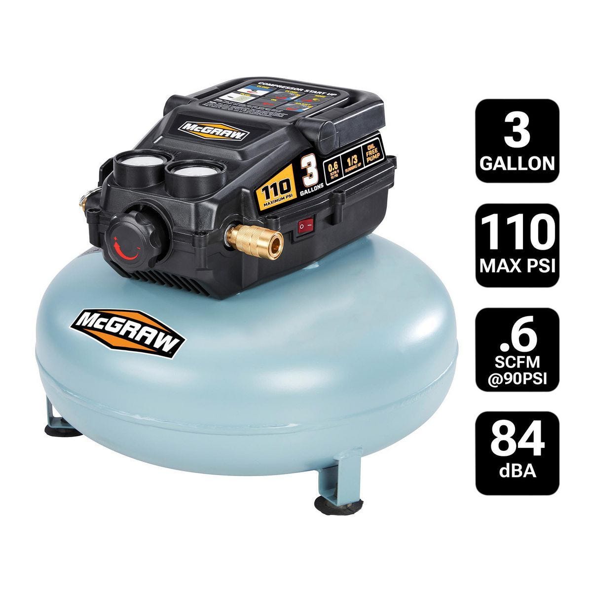 Compresor de aire tipo pancake de 3 galones, 110 PSI, sin aceite, para trabajo ligero | 57567