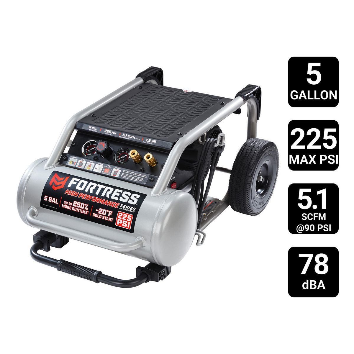 Compresor de aire profesional de 5 galones y 225 PSI sin aceite con ruedas para obra | FT5225