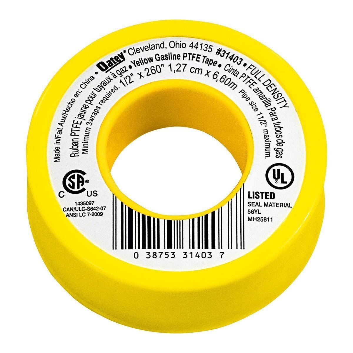 Cinta selladora amarilla para gas PTFE, 1/2 pulg. x 21-2/3 pies, Oatey | 57495