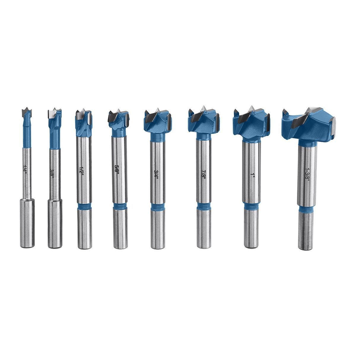 Juego de 8 brocas Forstner con punta de carburo HERCULES, de 1/4 a 1-3/8 pulgadas y vástago de 3/8 pulgadas | HA217