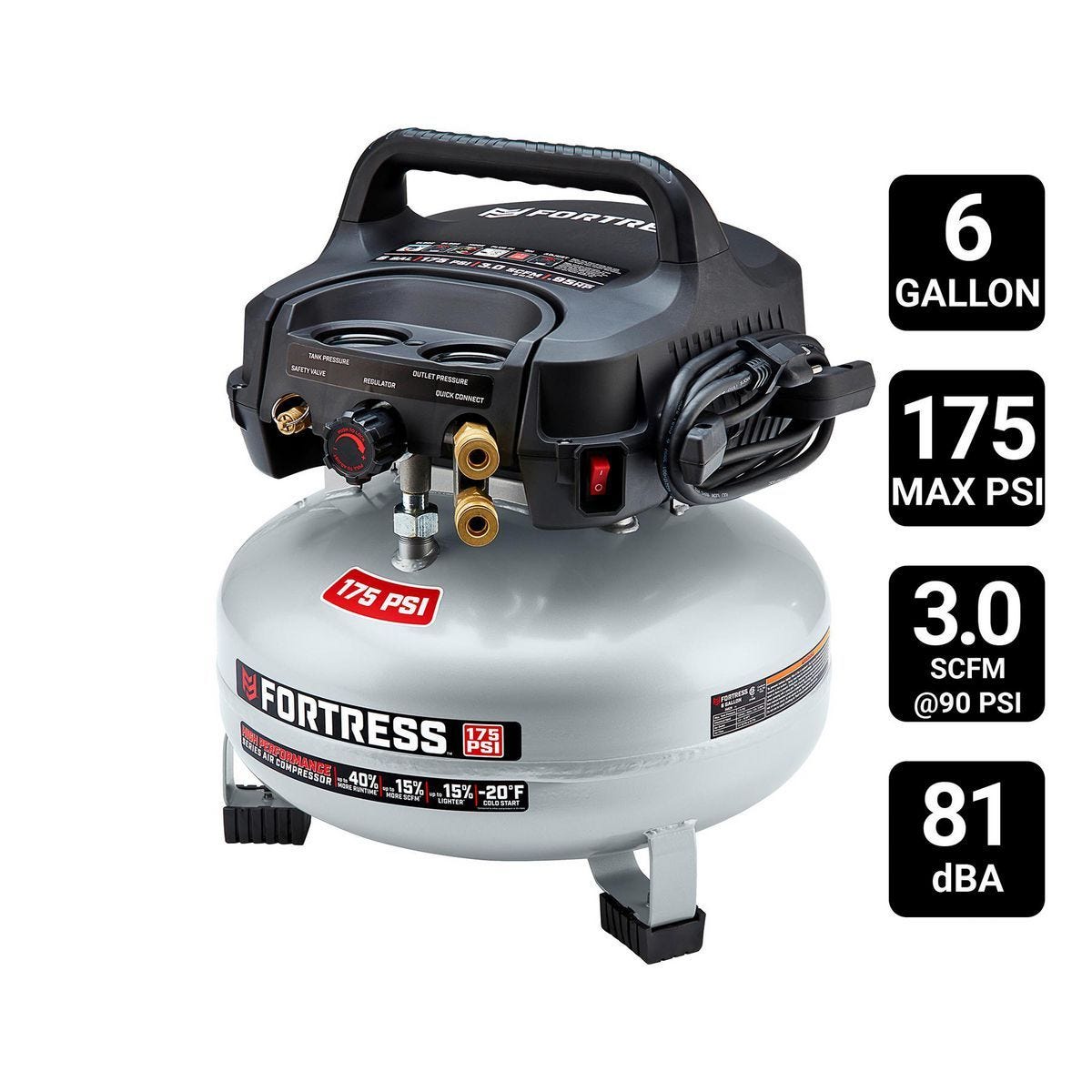 Compresor de aire tipo panqueque de 6 galones y 175 PSI de alto rendimiento para obra | FT6175