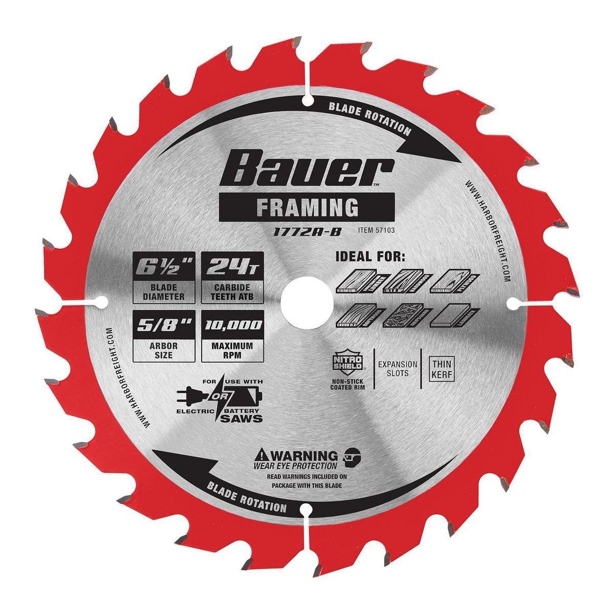 Hoja de sierra circular para construcción de 6-1/2 pulgadas y 24 dientes BAUER | 57103