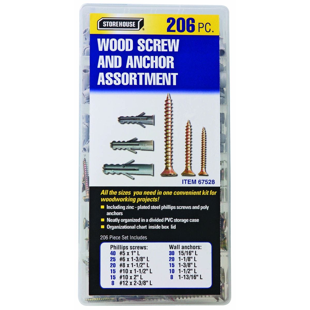 Juego de anclas y tornillos para madera, 206 piezas | 67528