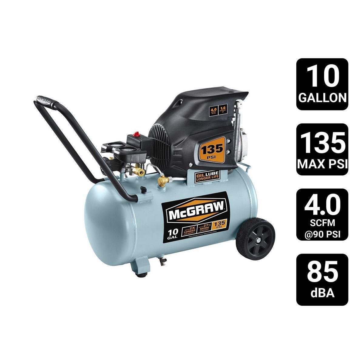 Compresor de aire horizontal para taller y auto, 10 galones, 135 PSI, lubricado por aceite | 58144