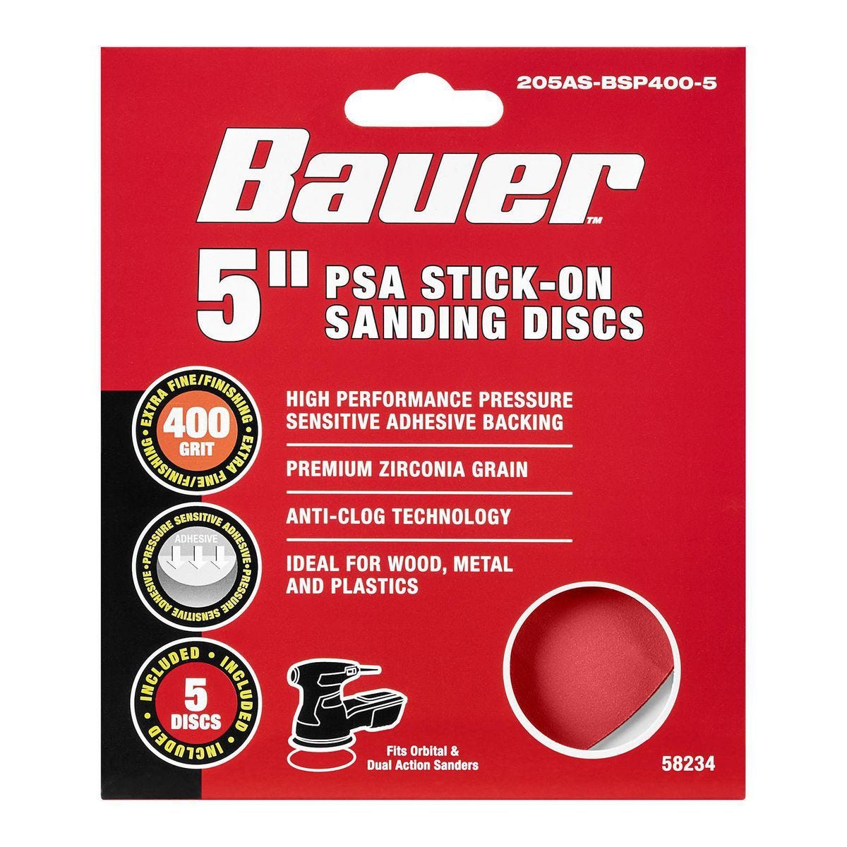Discos de lija PSA de 5 pulgadas, grano de alúmina zirconia, 400 grit, paquete de 5 | 205AS-BSP400-5