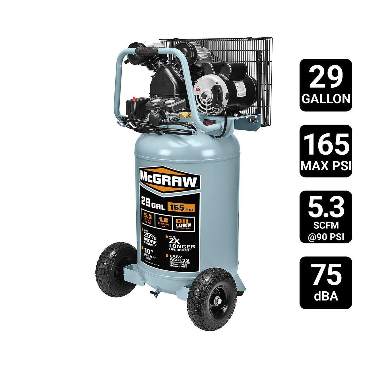 Compresor de aire vertical de 29 galones y 165 PSI con lubricación por aceite y transmisión por banda MCGRAW | 58507