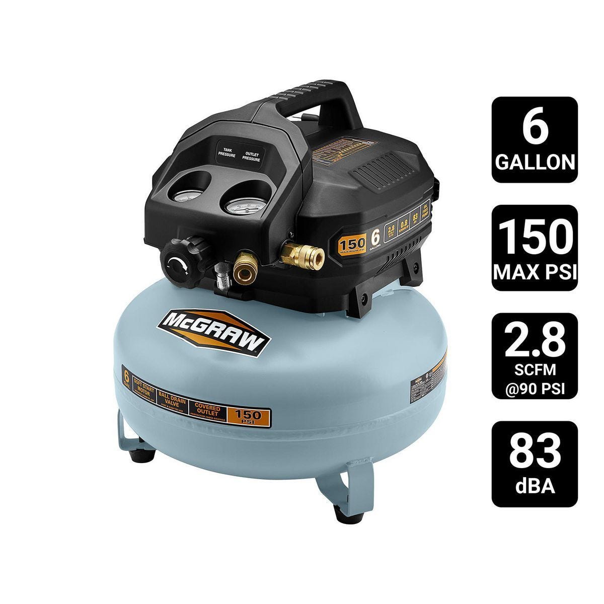Compresor de aire tipo panqueca de 6 galones y 150 PSI sin aceite para obras | 58636