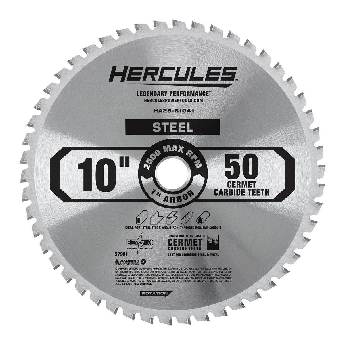 Disco de sierra circular de 10 pulgadas y 50 dientes para cortar acero HERCULES | HA25-B1041
