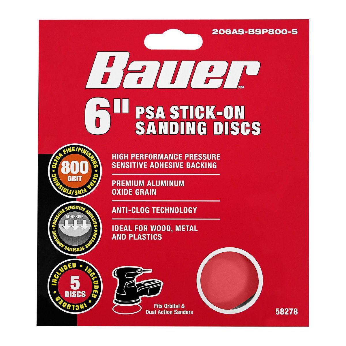 Discos de lija PSA de 6 pulgadas, grano de óxido de aluminio 800, paquete de 5 | 206AS-BSP800-5