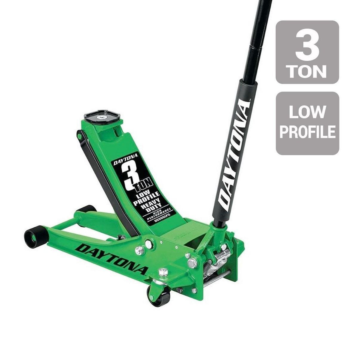 Gato hidráulico profesional de 3 toneladas con perfil bajo y bomba rápida, color verde | DS300LPG