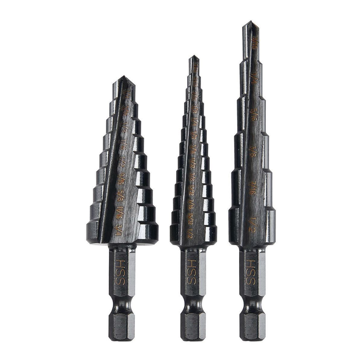 Juego de 3 brocas escalonadas de 1/8 a 3/4 pulgadas con recubrimiento negro BAUER, modelos #1 (13 pasos), #2 (6 pasos) y #3 (9 pasos) | 1891A-B9
