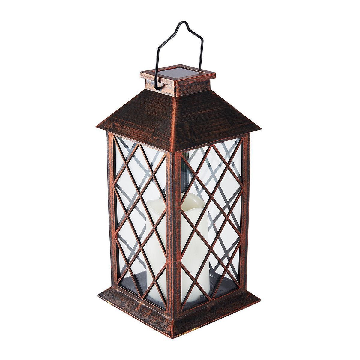 Linterna solar LED de 11 pulgadas con acabado bronce y efecto de vela parpadeante | 59335