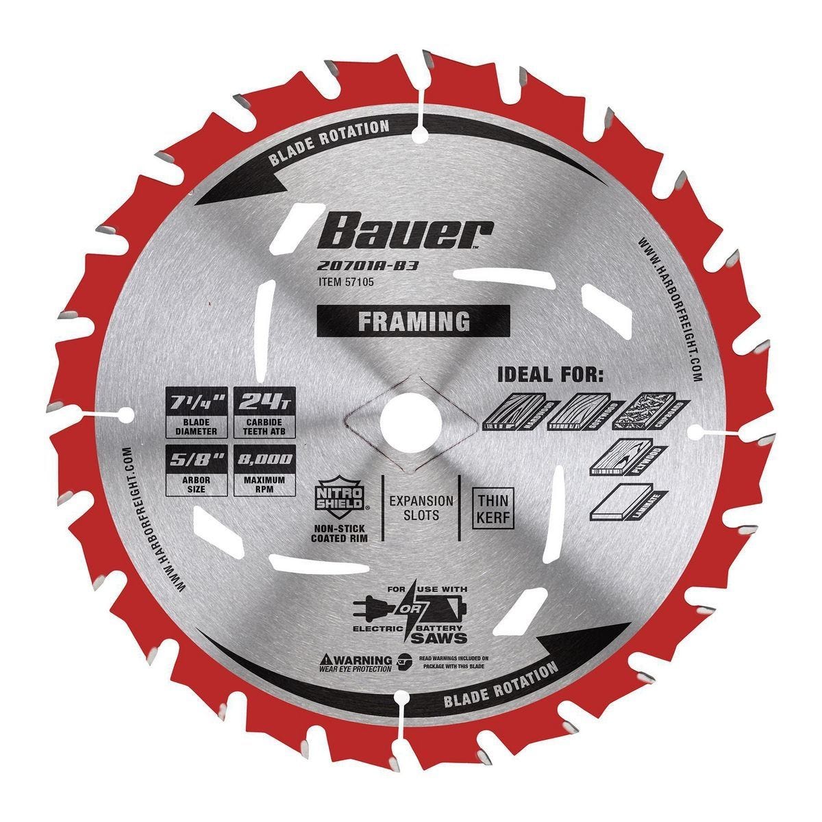 Hoja de sierra circular para marcos de 7-1/4 pulgadas y 24 dientes BAUER | 57105