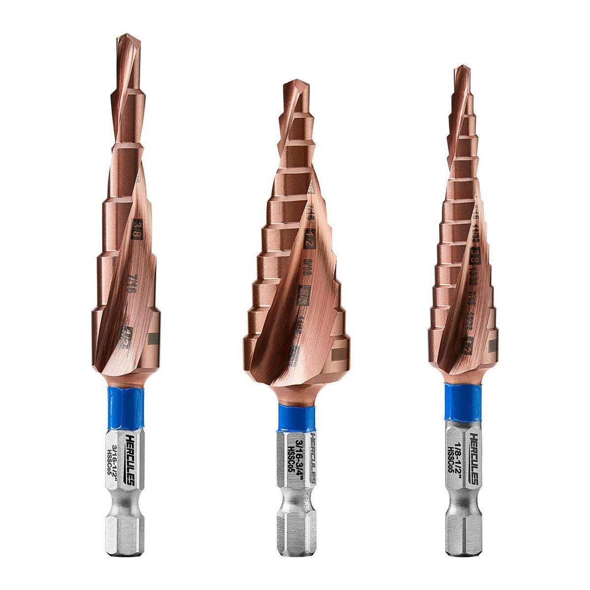 Juego de 3 brocas escalonadas de acero cobalto HERCULES, de 1/8 a 3/4 pulgadas, para metal y madera | HA24-66
