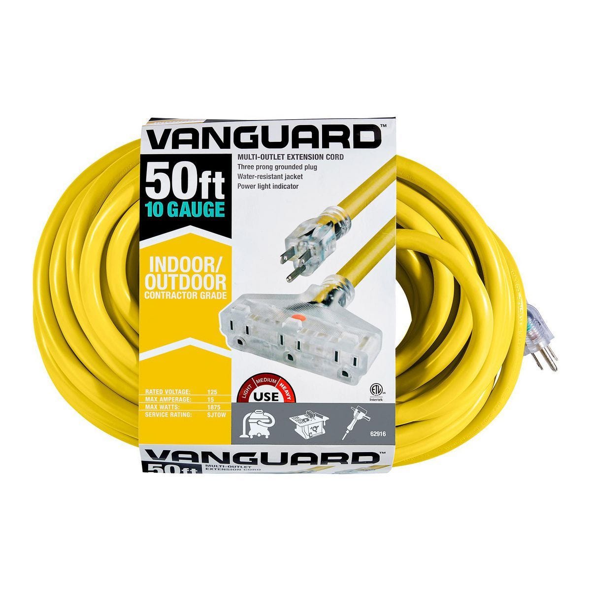 Cable de extensión múltiple VANGUARD 50 pies, calibre 10/3, color amarillo | 62916