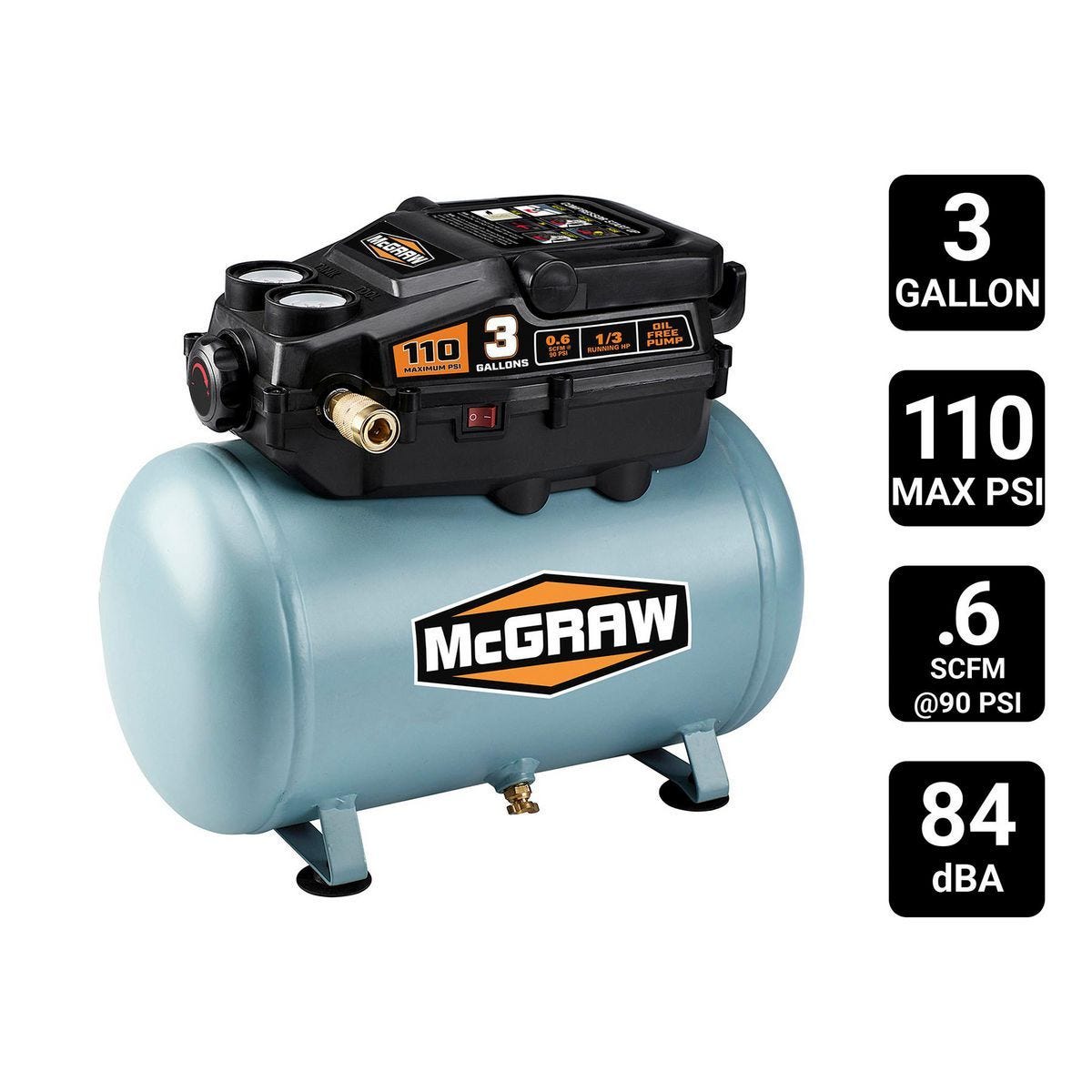 Compresor de aire tipo hot dog ligero de 3 galones y 110 PSI, sin aceite | 57572