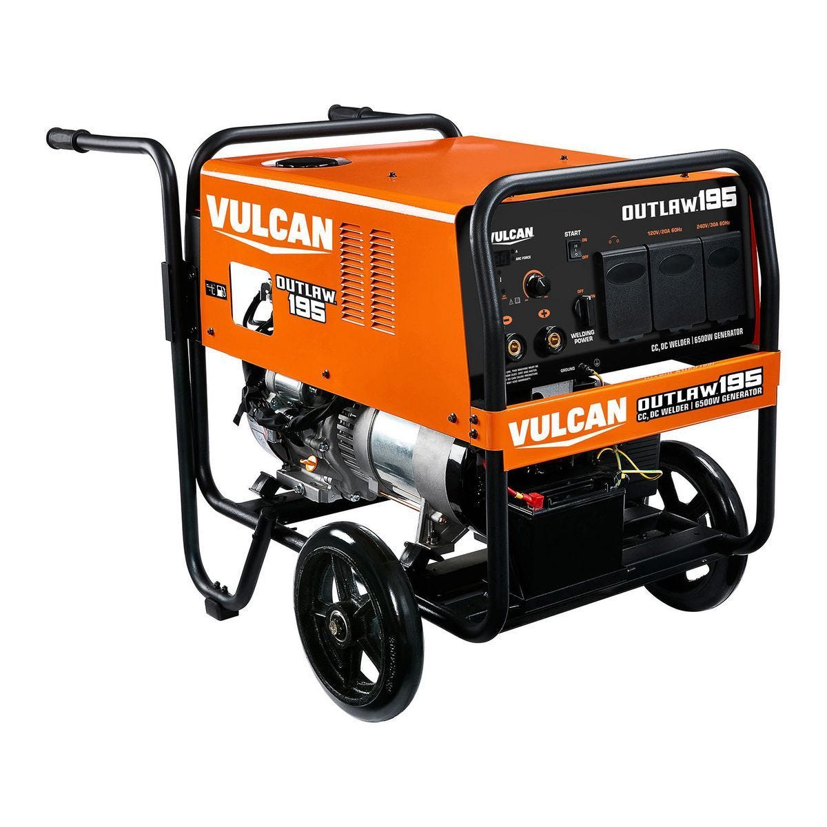 Soldadora de arco y generador eléctrico Outlaw 6000W, motor a gasolina, doble voltaje, 20-195A DC, 120/240V, con kit de ruedas | VW195-ED