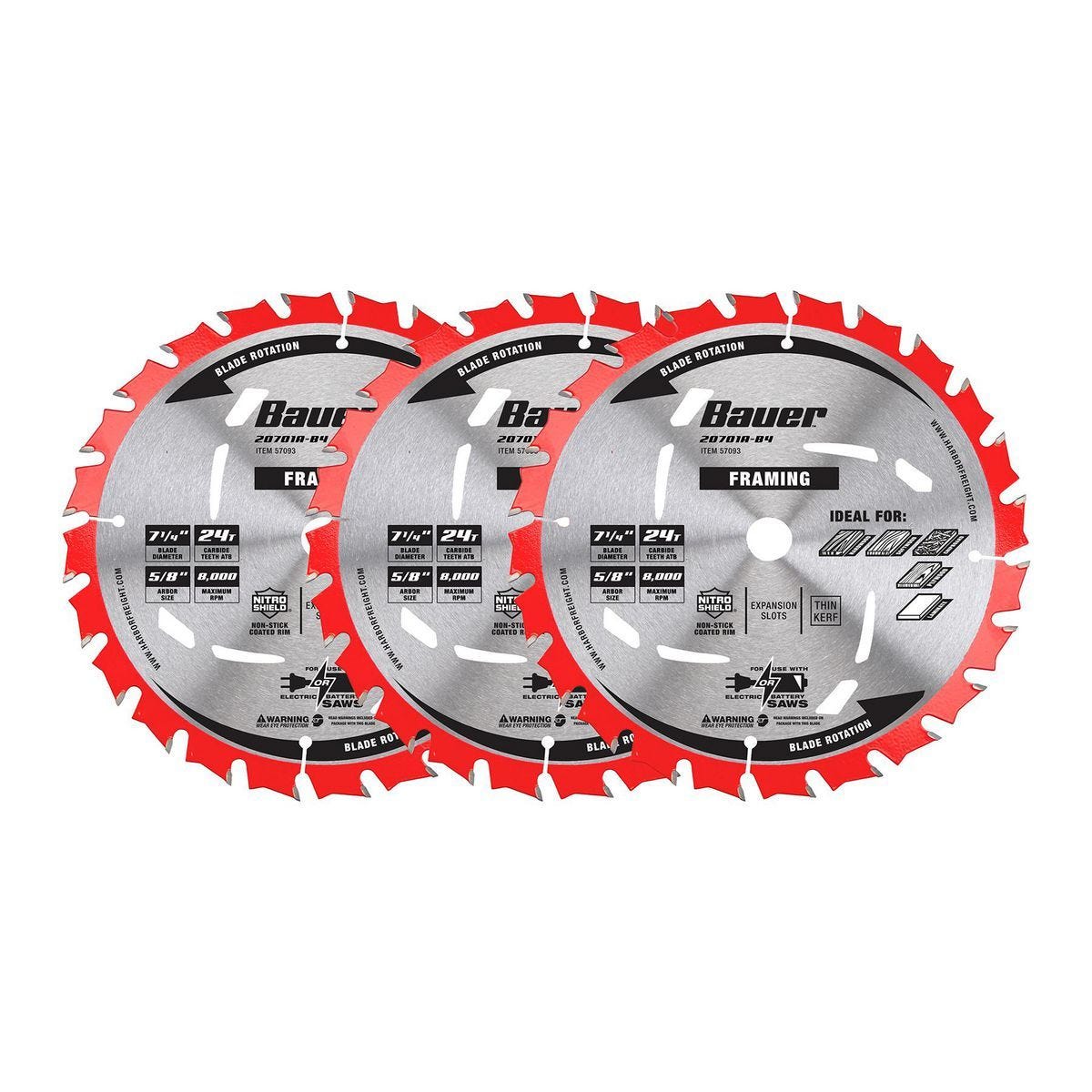 Paquete de 3 hojas de sierra circular para enmarcado de 7-1/4 pulgadas y 24 dientes | 57093