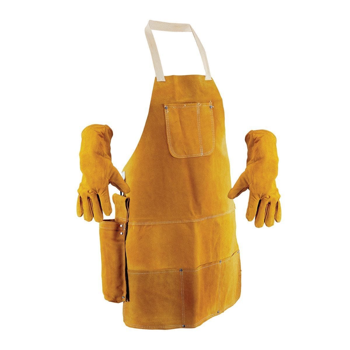 Set de cuero para soldador de 3 piezas: delantal, guantes y porta electrodos | 94128