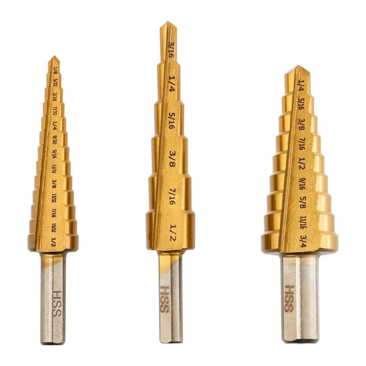 Juego de brocas escalonadas de titanio WARRIOR, 3 piezas (1/8" a 3/4") para 28 tamaños de perforación | 91616, 69087, 60379