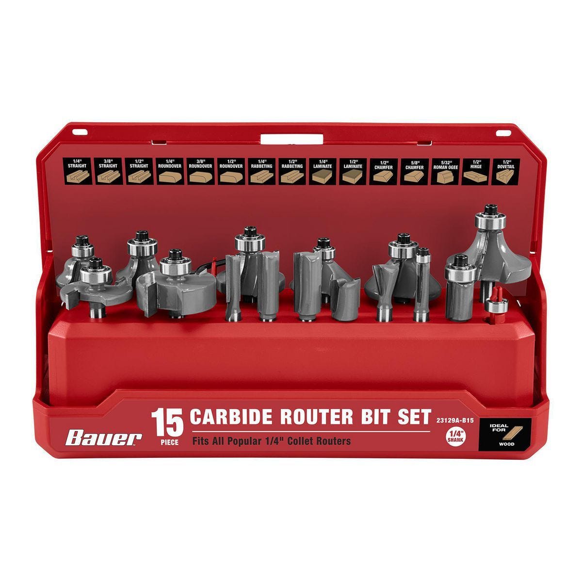 Juego de 15 fresas de carburo para router BAUER, precisión profesional en carpintería | 23129A-B15