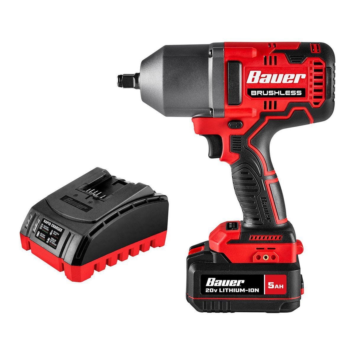 Kit de llave de impacto inalámbrica 1/2 pulgada de alto torque BAUER 20V sin escobillas con batería 5 Ah y cargador | 70960