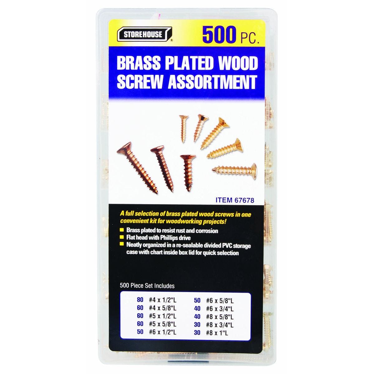 Juego de tornillos para madera con recubrimiento de latón, 500 piezas | 67678