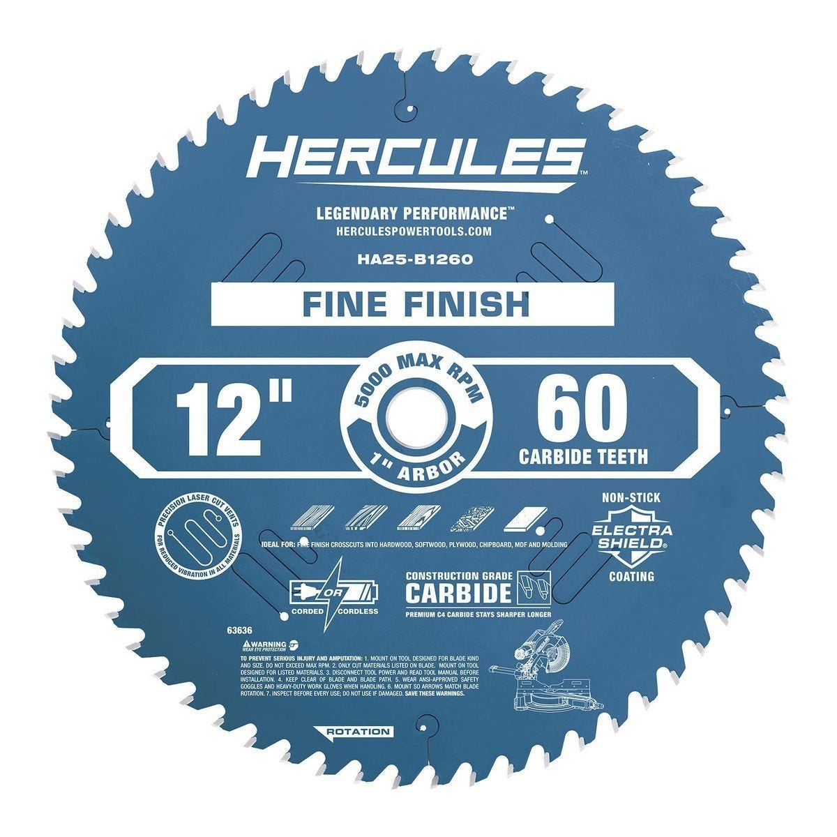 Hoja para sierra de inglete de 12 pulgadas, 60 dientes, acabado fino HERCULES | HA25-B1260