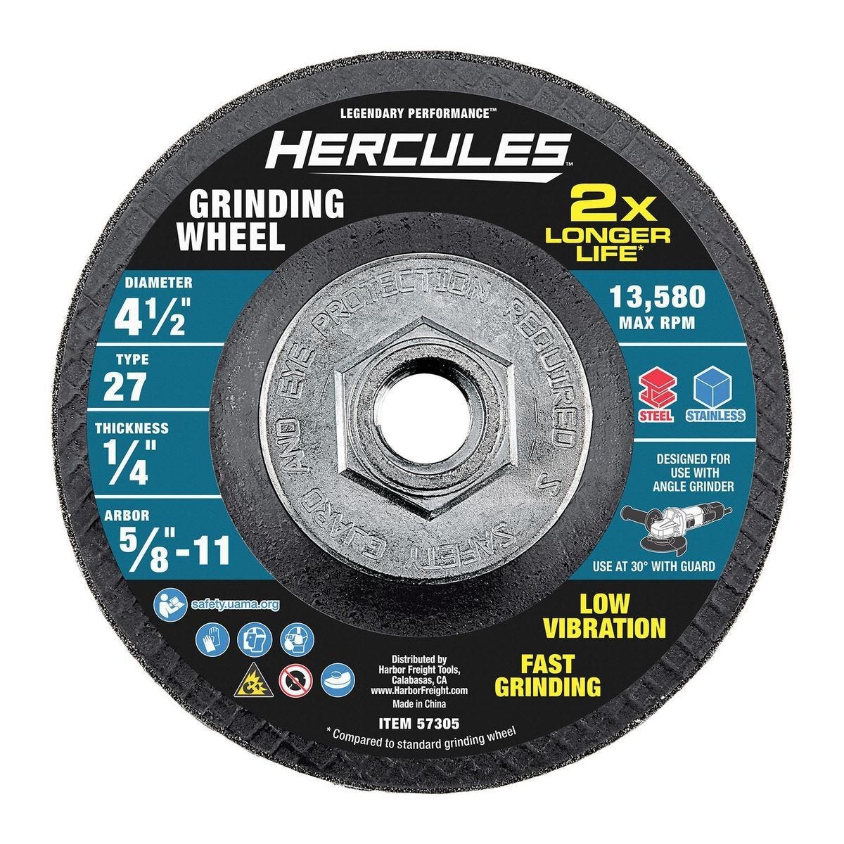 Disco de desbaste para metal HERCULES tipo 27, 4-1/2 pulgadas, 1/4 pulgadas de grosor, 5/8 pulgadas -11 UNC | HA40-G