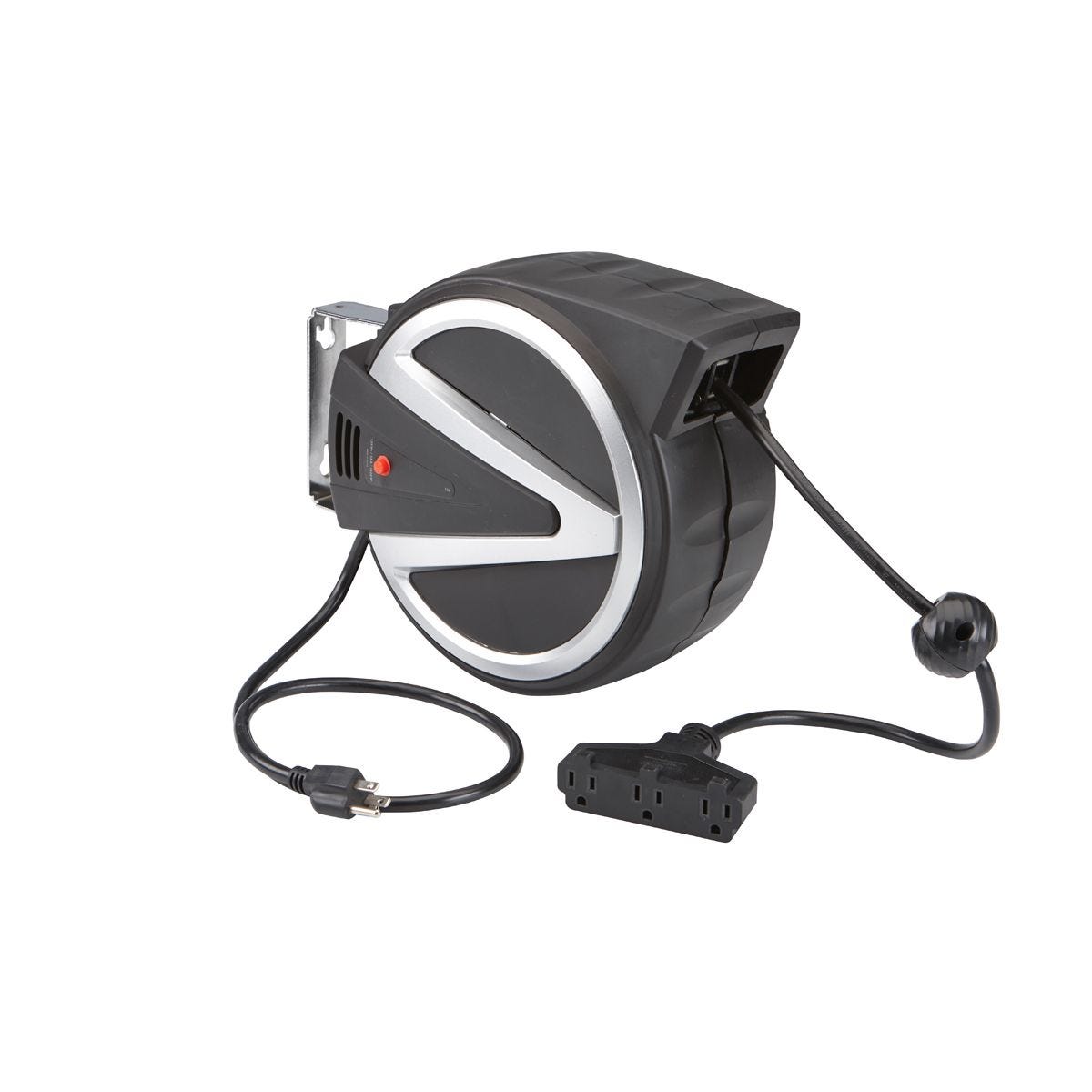 Carrete retráctil para cable de extensión de 40 pies y calibre 14/3 con triple toma, negro | 62952