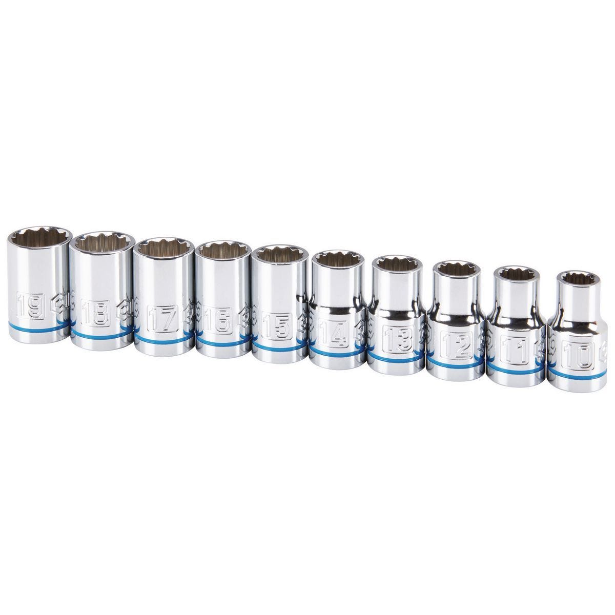 Juego de dados cromados métricos de 10 piezas para llave de 1/2 pulgada | 64226