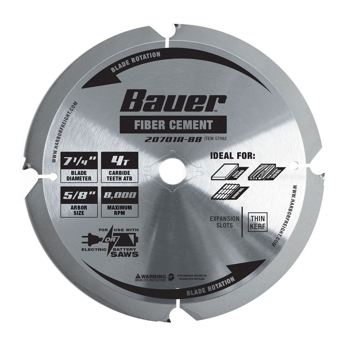 Disco de sierra circular para cemento con fibra BAUER, 7-1/4 pulgadas, 4 dientes PCD | 57092