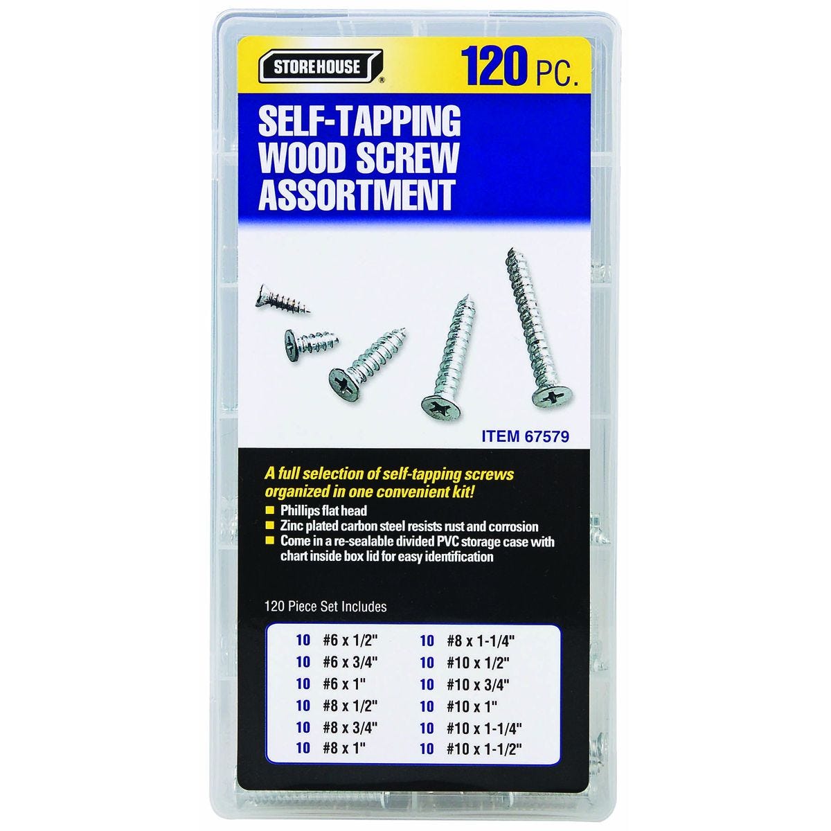 Juego de tornillos autorroscantes para madera, 120 piezas | 67579