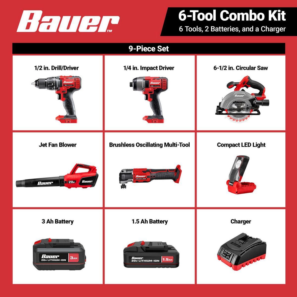 Kit de 6 herramientas inalámbricas BAUER 20V con batería de 3 Ah, 1.5 Ah y cargador | 71292