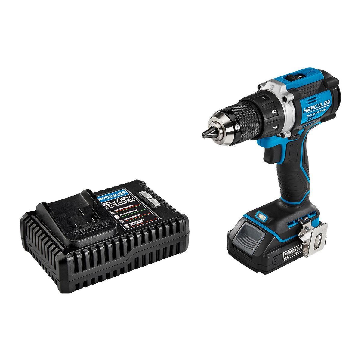 Taladro/atornillador inalámbrico HERCULES 20V sin escobillas, 1/2 pulgada, con batería de 2 Ah y cargador | HCB91K1