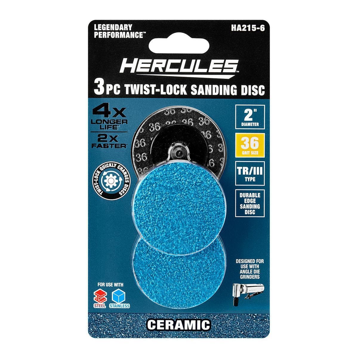 Discos de lijado de 2 pulgadas con grano cerámico de alúmina, tipo TR/III, grano 36, paquete de 3 | HA215-6
