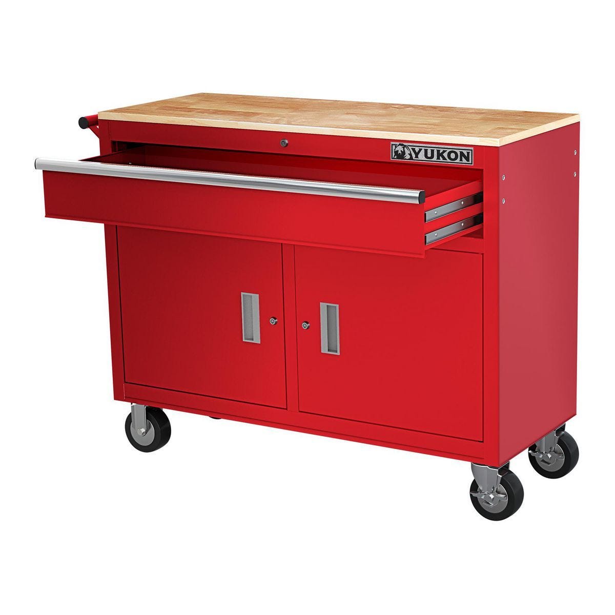 Mesa de trabajo móvil YUKON de 46 pulgadas con cubierta de madera maciza, color rojo | 57779