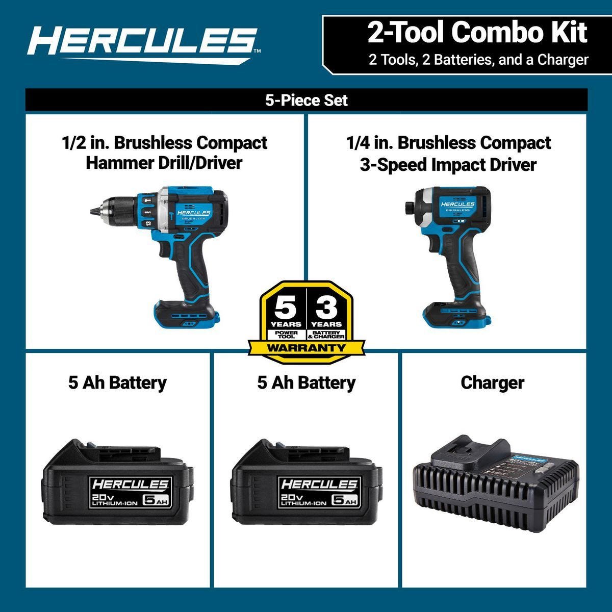 Kit de taladro percutor y impact driver inalámbricos sin escobillas 20V con 2 baterías de 5 Ah y cargador | HCB111-K